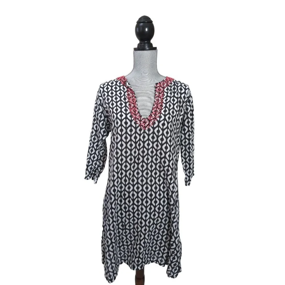 Echo Cover Up Dress‎ Womens M Black White Beaded V-Neck